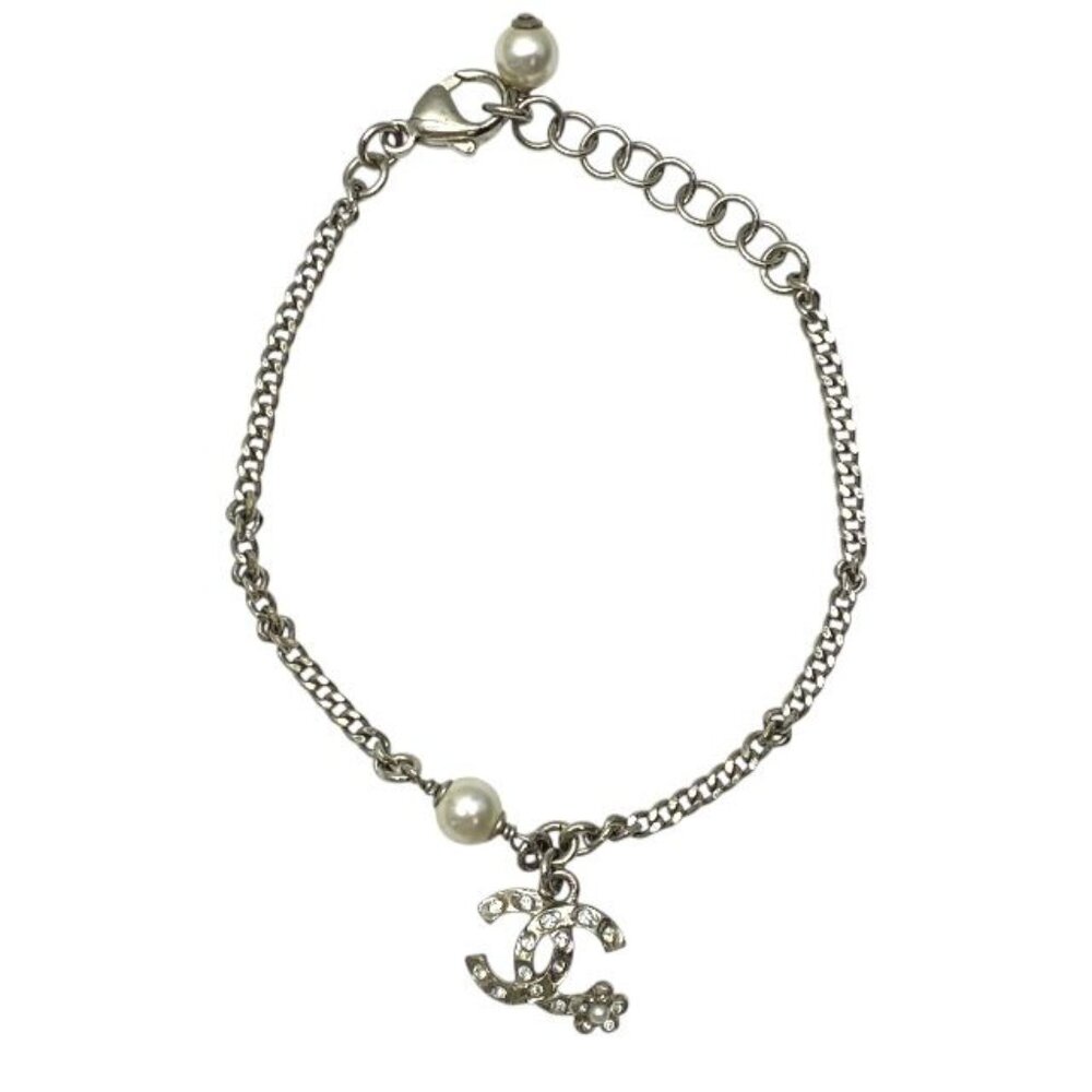 Chanel Bracelet C21 B Coco Mark Accessories Jewelry Faux Pearl Rhinestone Silver